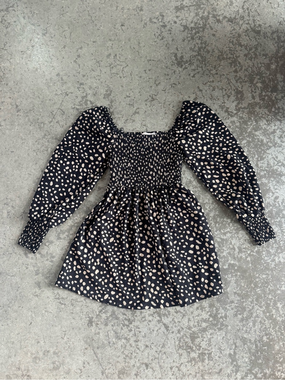 Francesca's Collections Black Mini Dress with Beige Spot Print